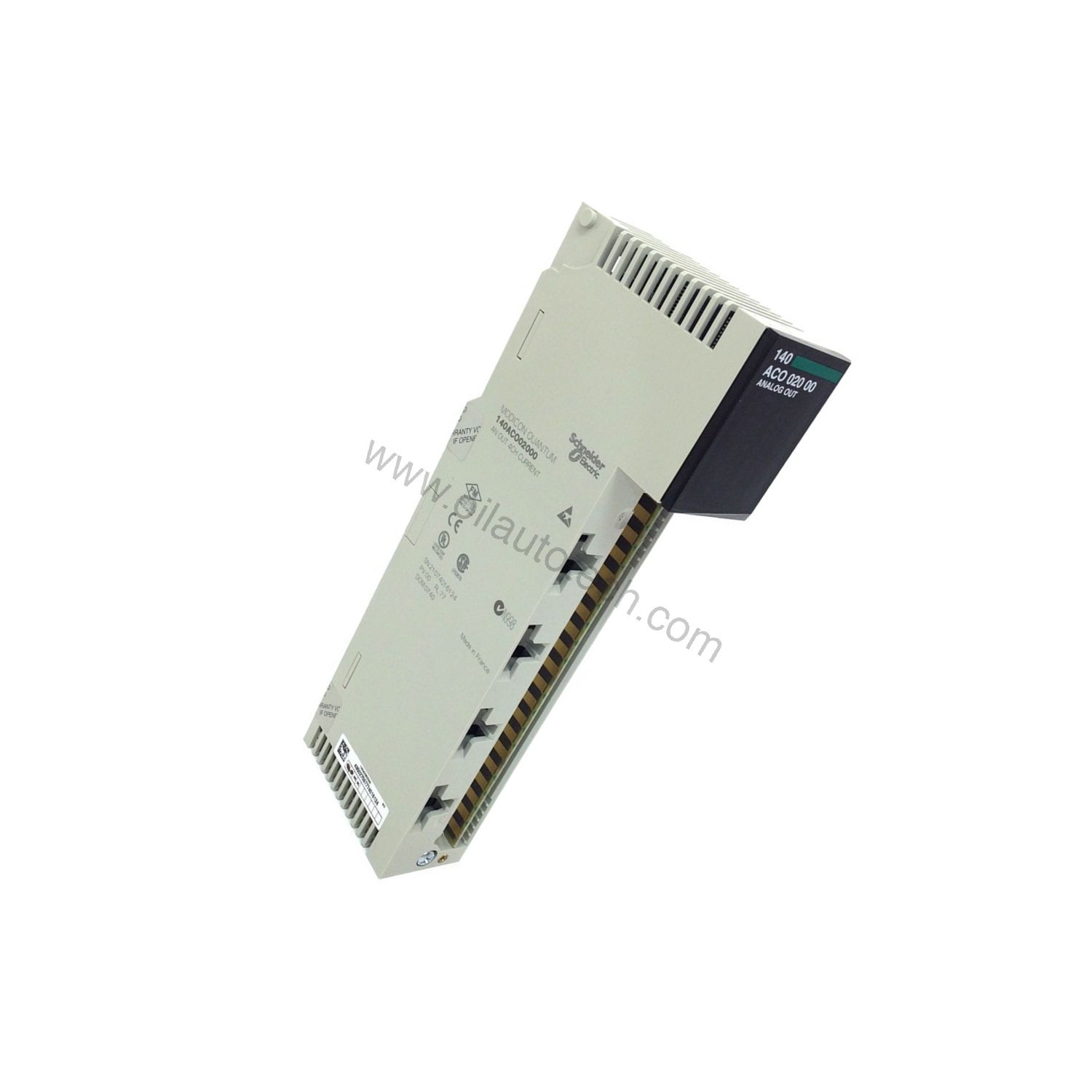 Figure 2: Technical layout and connection details for the Schneider 140ACO13000 industrial automation component.
