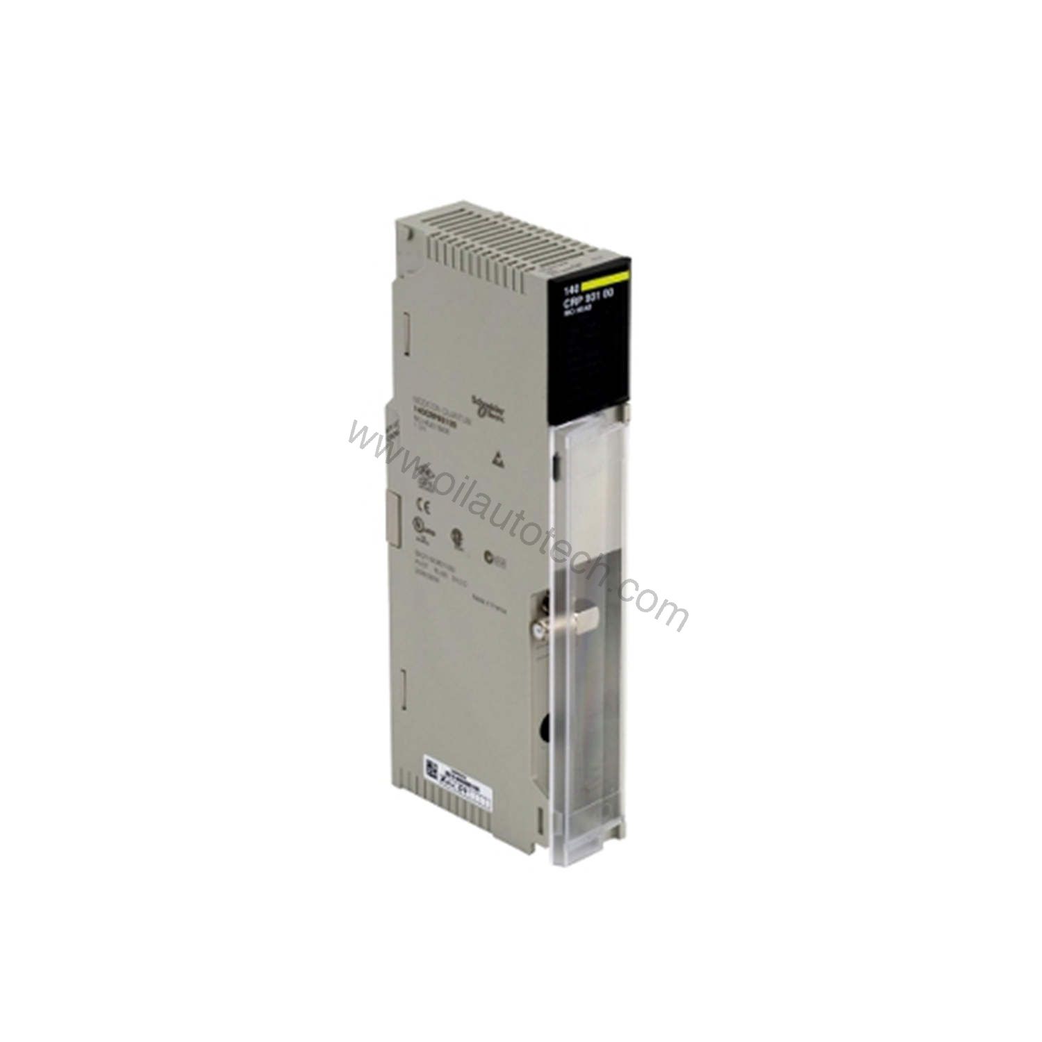 Figure 1: Front view of the Schneider 140CRP31200 industrial automation component showing its physical design and enclosure.