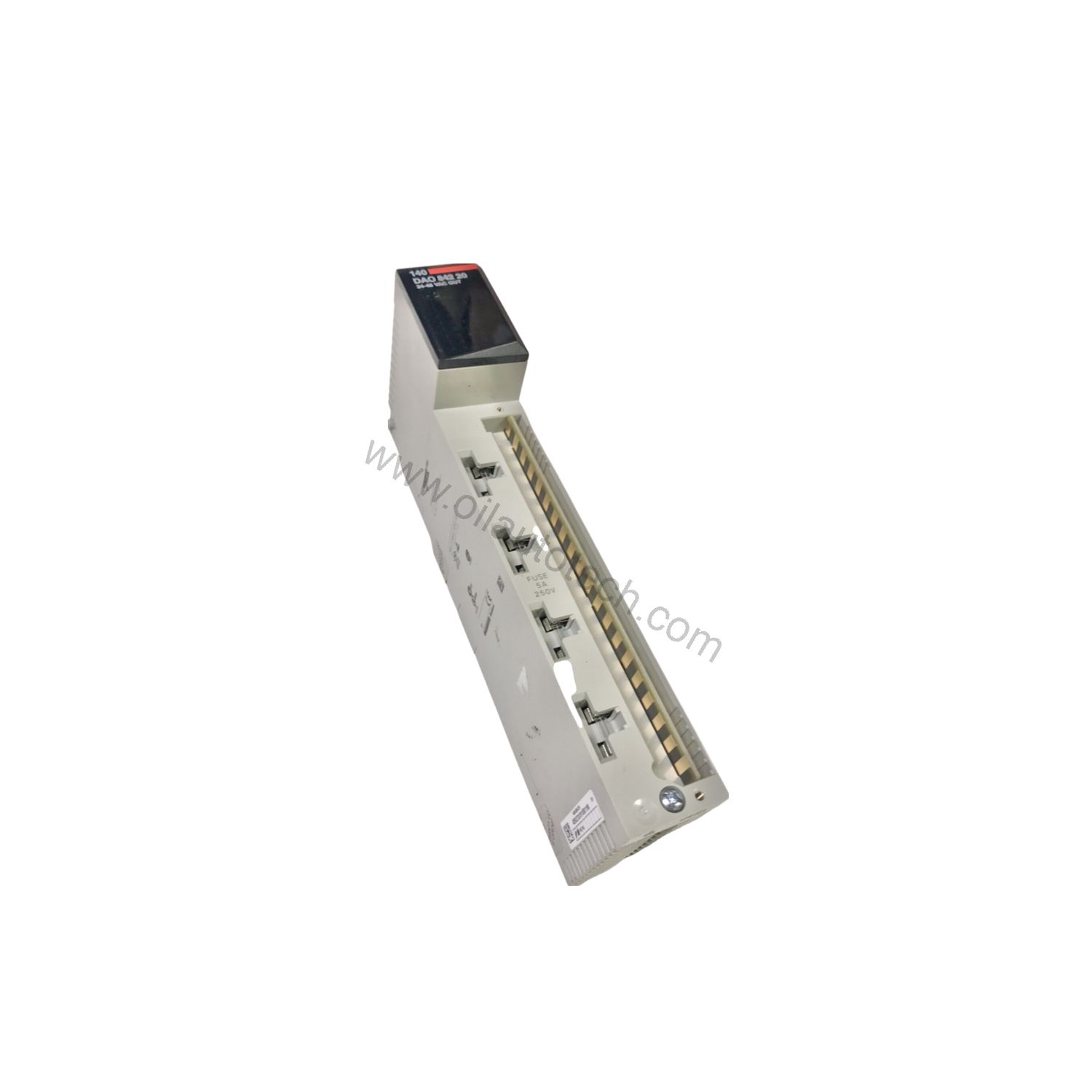 Figure 1: Front view of the Schneider 140DAO84220 industrial automation component showing its physical design and enclosure.