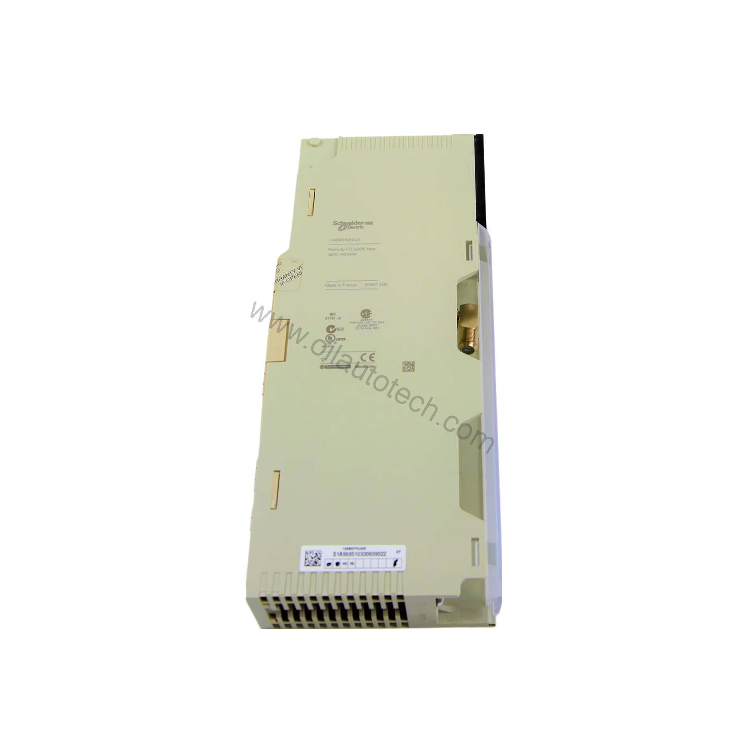 Figure 1: Front view of the Schneider 140NRP95400 industrial automation component showing its physical design and enclosure.
