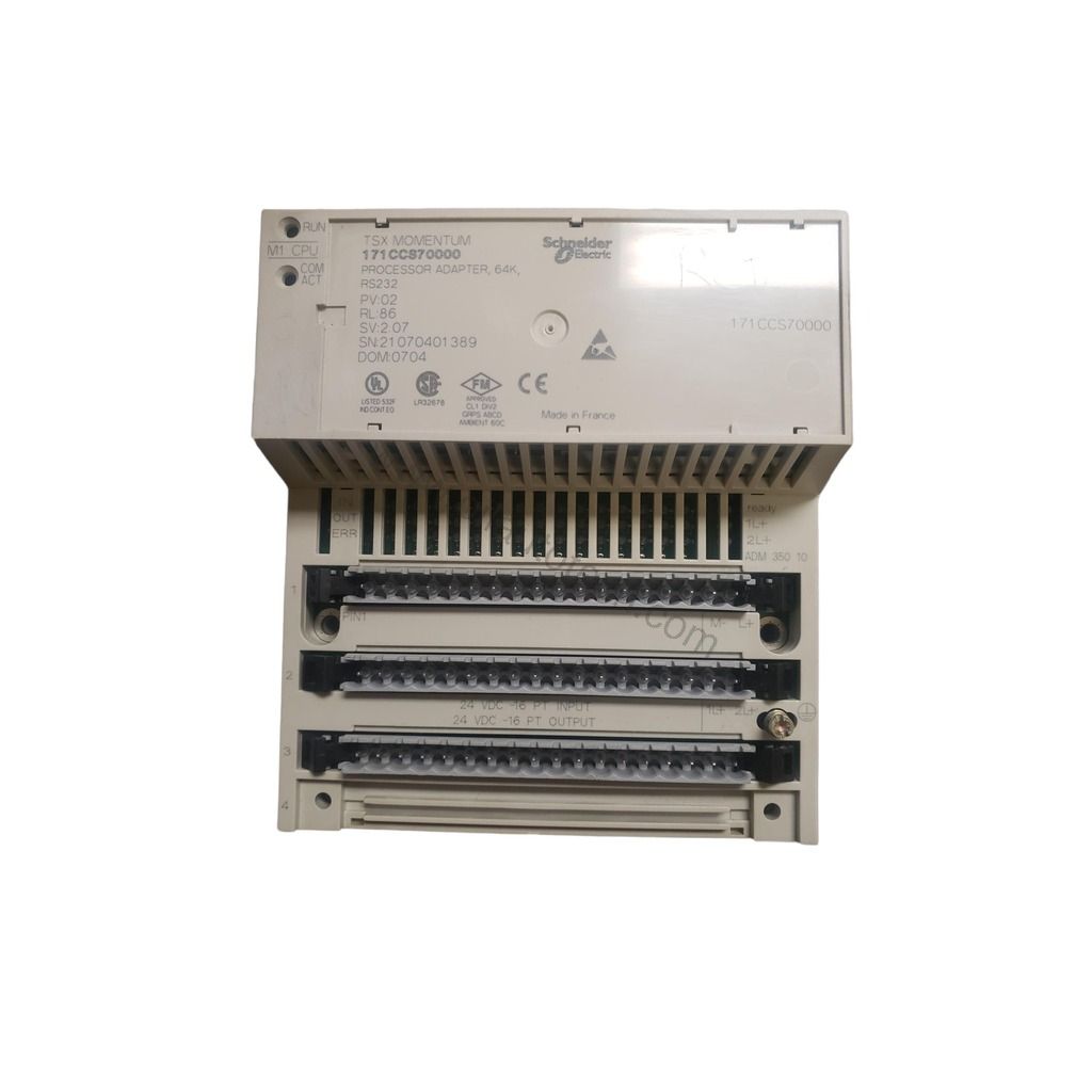 Figure 1: Front view of the Schneider 170CRA93201 industrial automation component showing its physical design and enclosure.