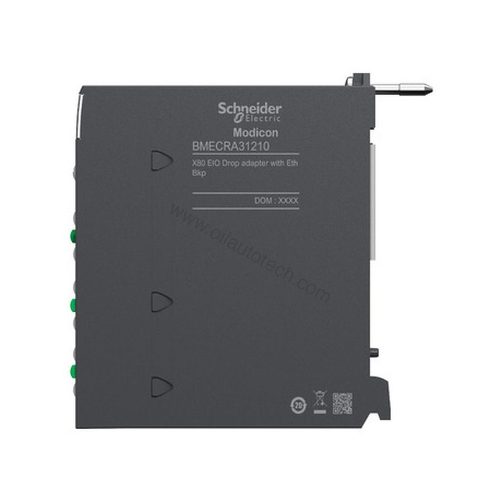 Figure 1: Front view of the Schneider BMECRA31210 industrial automation component showing its physical design and enclosure.