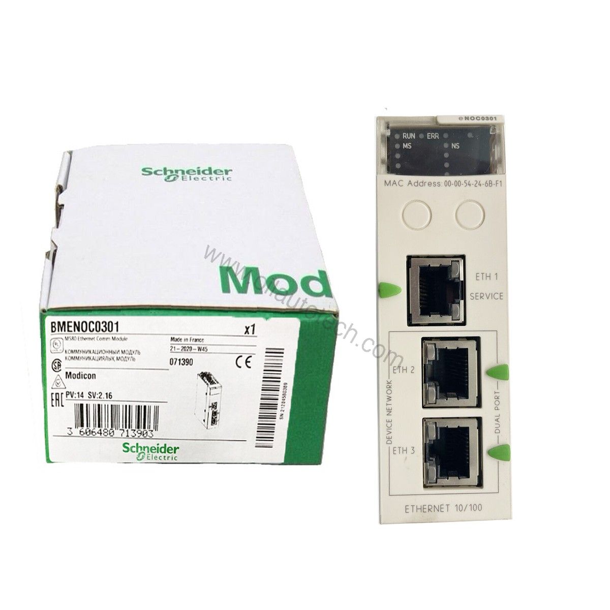 Figure 1: Front view of the Schneider BMENOR2200 industrial automation component showing its physical design and enclosure.