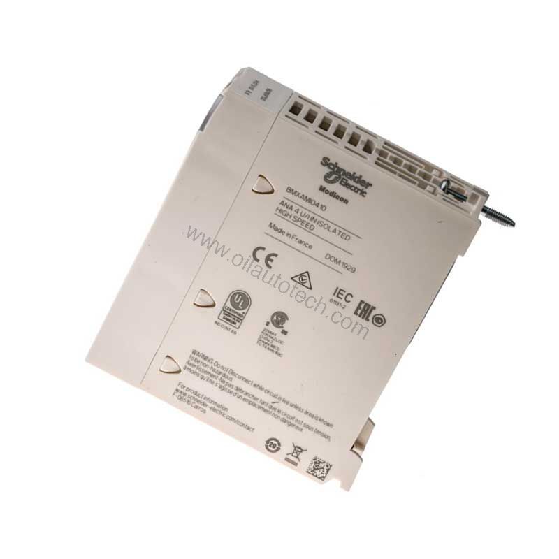 Figure 1: Front view of the Schneider BMXAMI0810H industrial automation component showing its physical design and enclosure.
