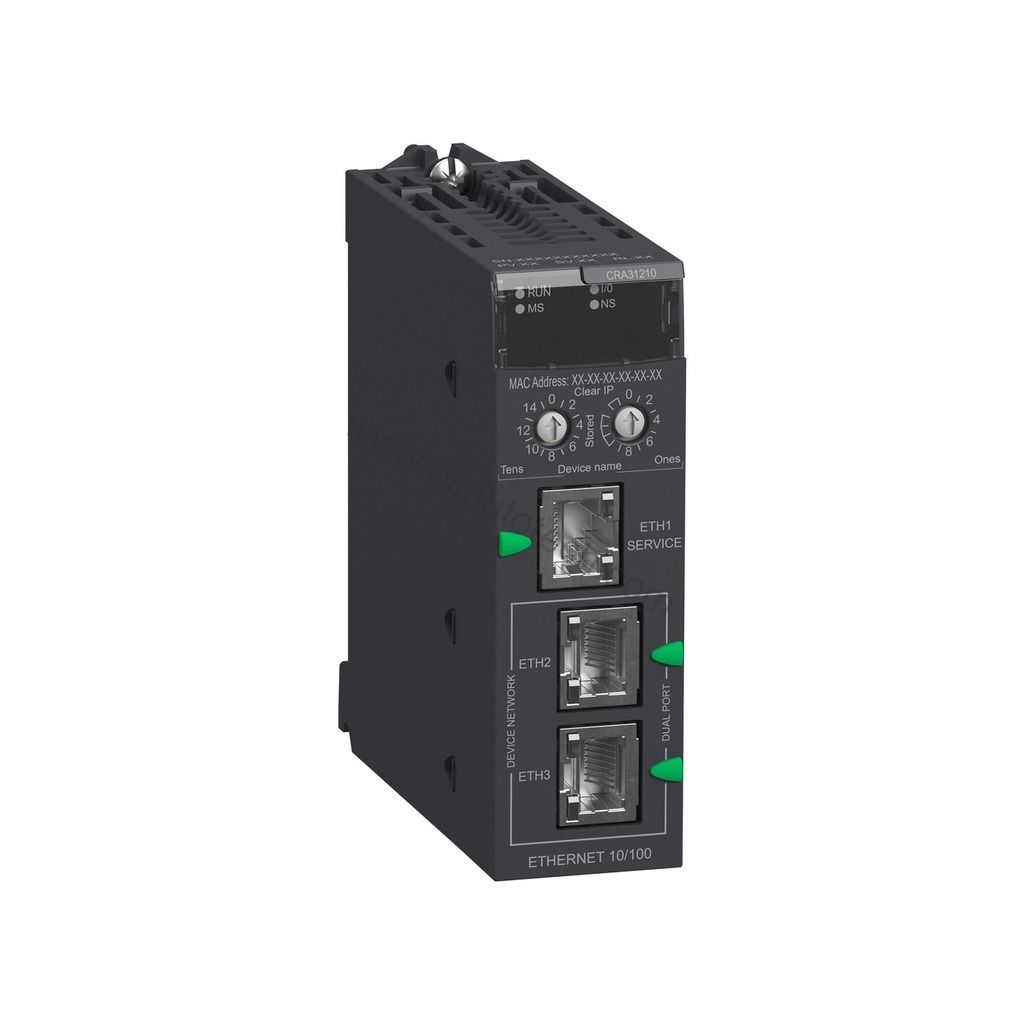 Figure 1: Front view of the Schneider BMXCRA31210 industrial automation component showing its physical design and enclosure.