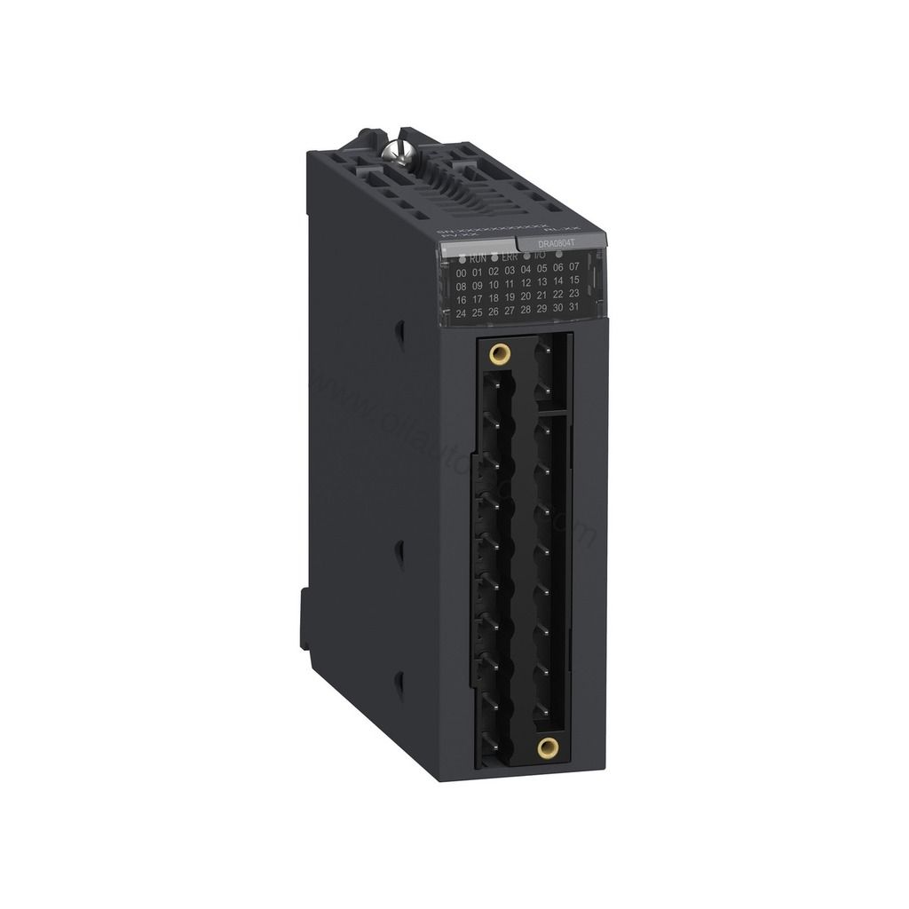 Figure 1: Front view of the Schneider BMXDRA0804T industrial automation component showing its physical design and enclosure.