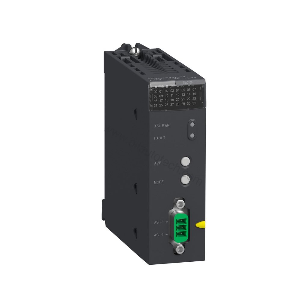 Figure 1: Front view of the Schneider BMXEIA0100 industrial automation component showing its physical design and enclosure.
