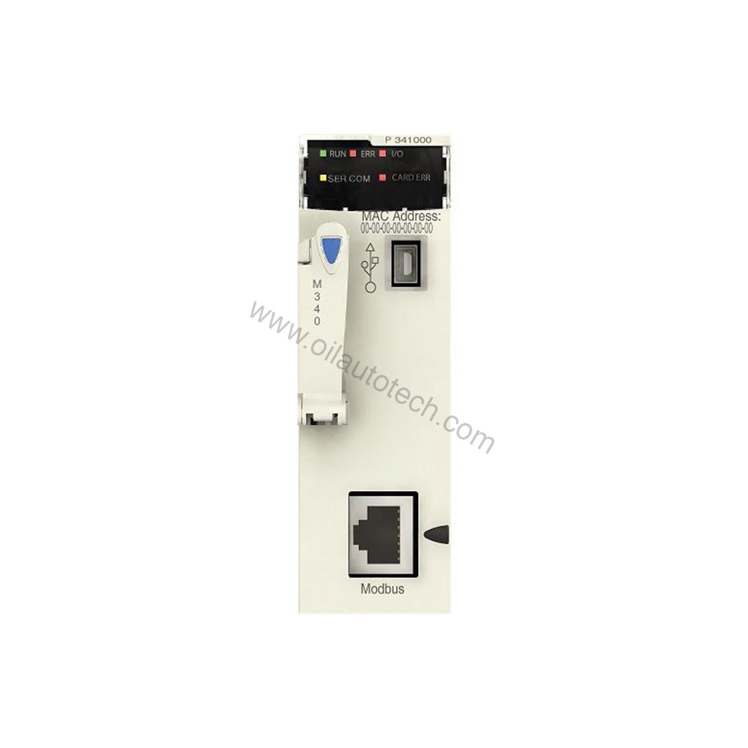 Figure 1: Front view of the Schneider BMXP342010 industrial automation component showing its physical design and enclosure.
