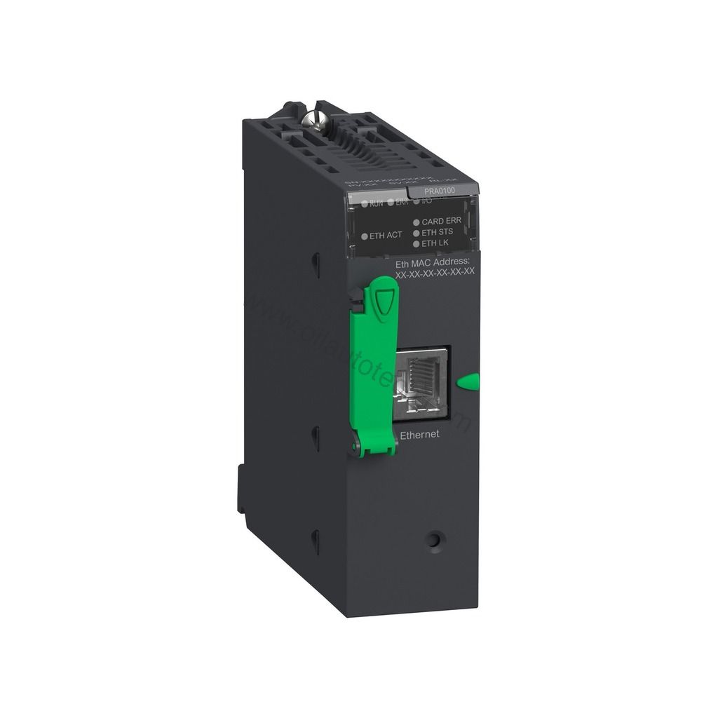 Figure 1: Front view of the Schneider BMXPRA0100 industrial automation component showing its physical design and enclosure.