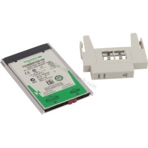 Figure 1: Front view of the Schneider TSXMRPC001M industrial automation component showing its physical design and enclosure.