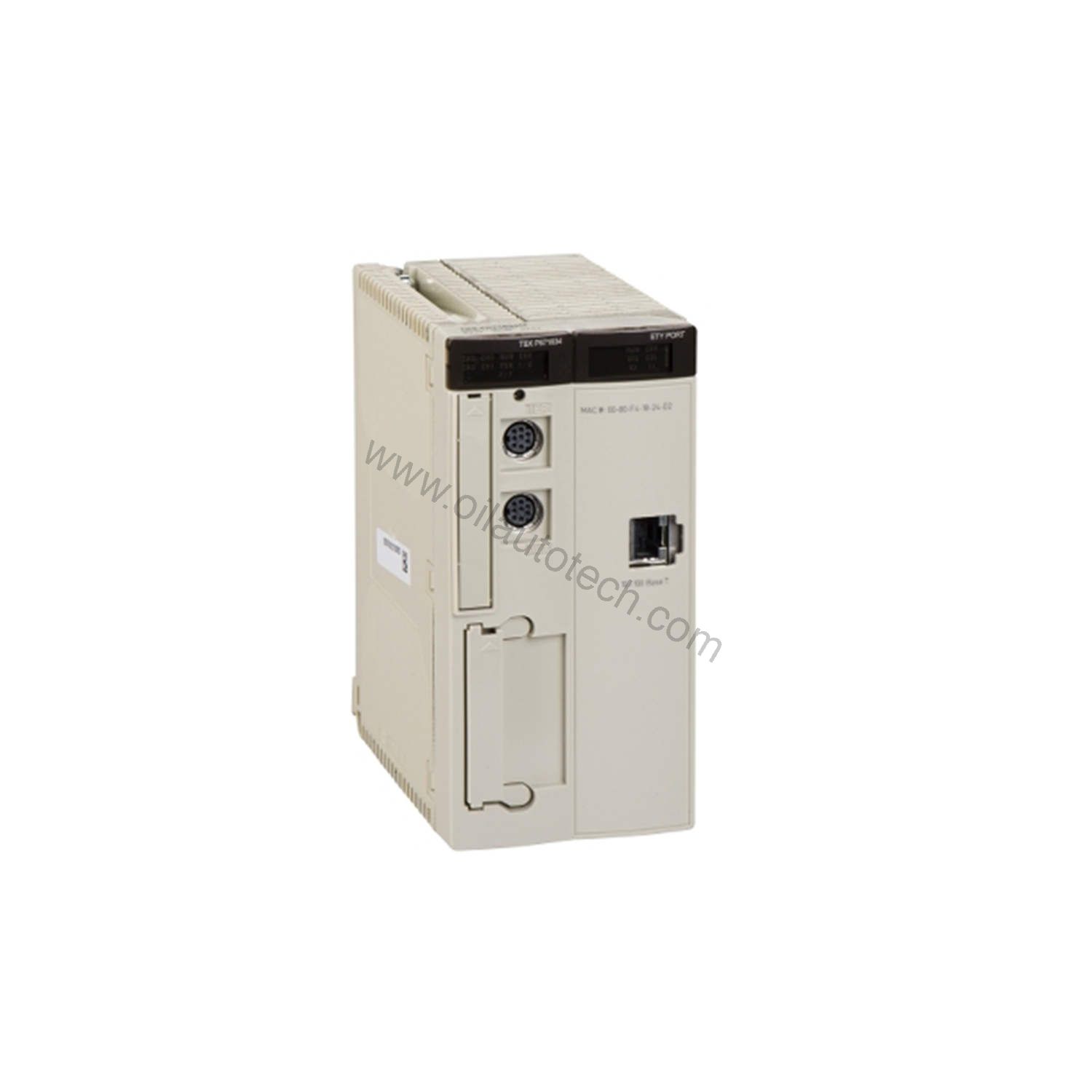 Figure 1: Front view of the Schneider TSXP574823M industrial automation component showing its physical design and enclosure.